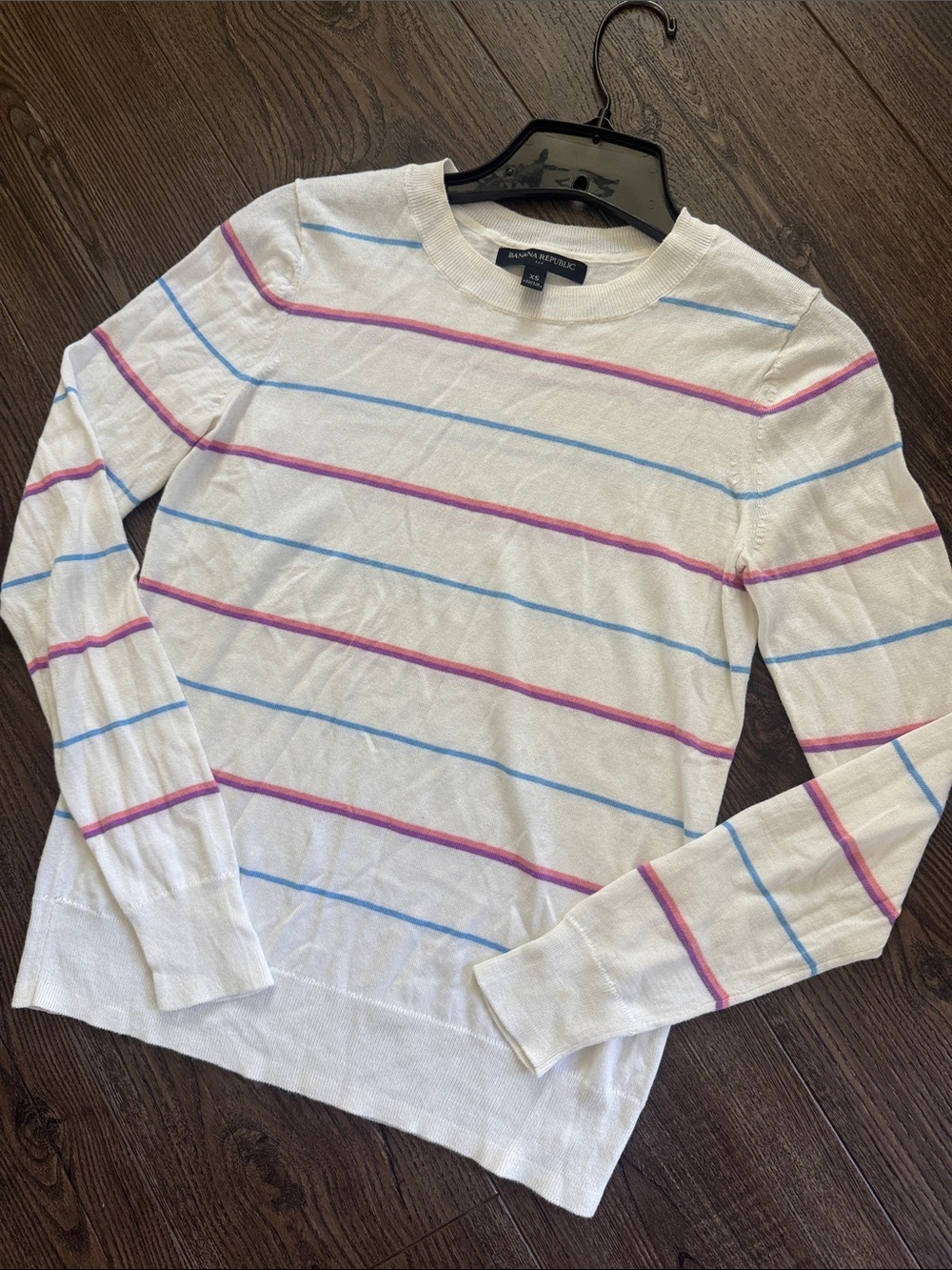 Banana Republic White Crewneck Sweater with Pink Blue and Purple Stripes XS